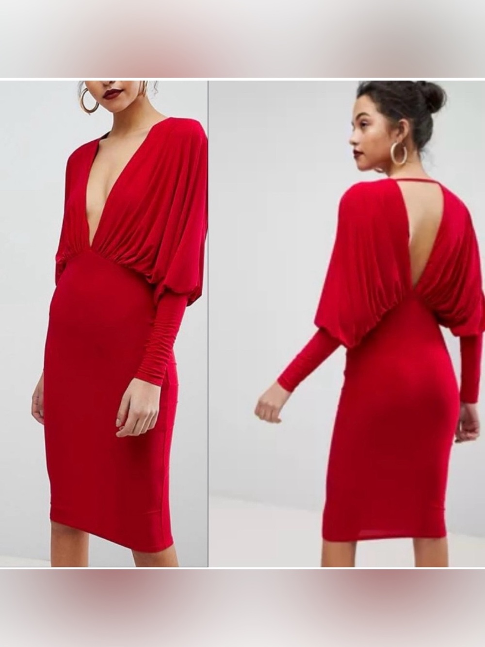 Club L London Red Bardot‎ Rayleigh Plunge Midi Dress NWT Batwing Sleeves Sz 8 US
